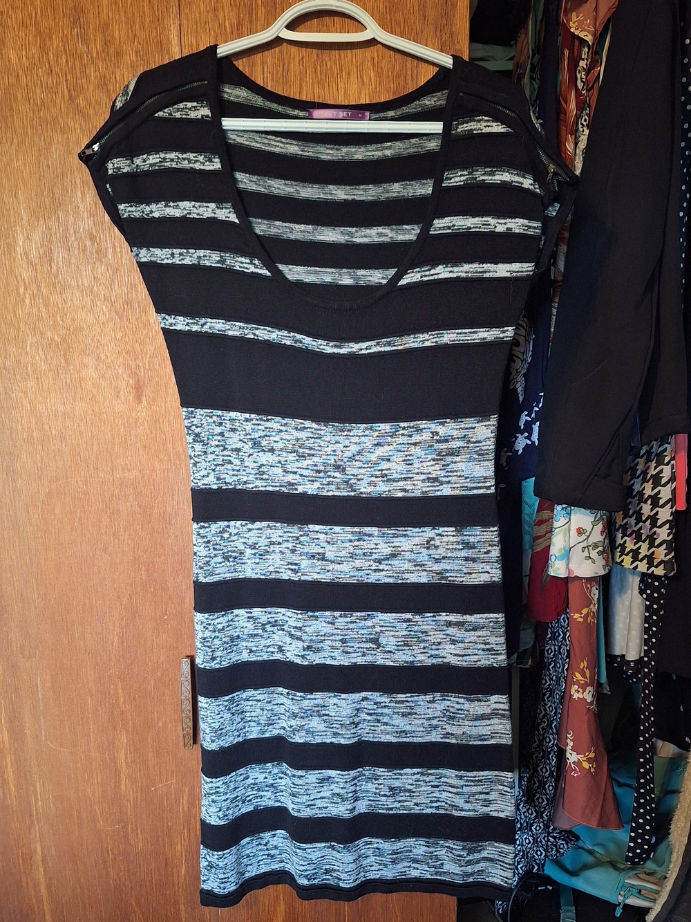 Smart Set Black and Heathered Grey Striped Knit Tunic Dress